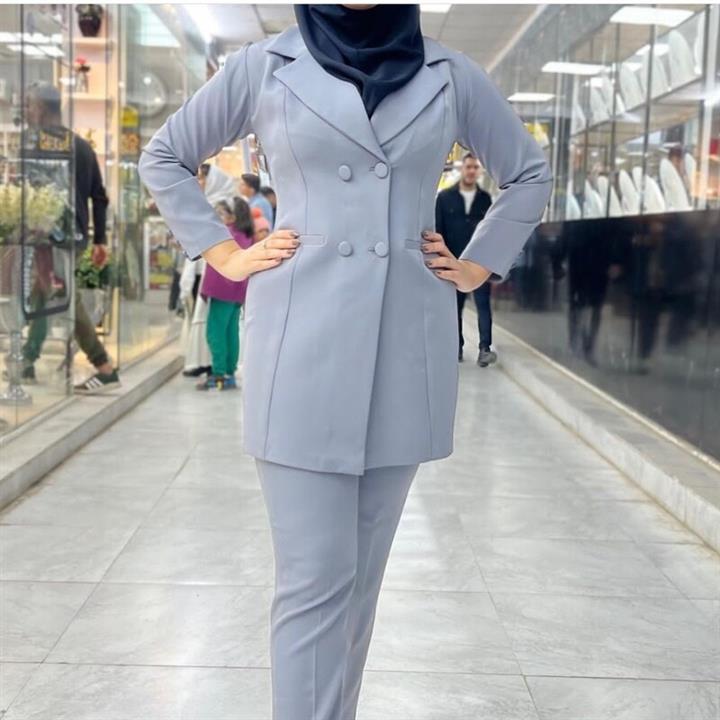 مانتو شلوار اداری طوسی مازراتی قد بین 80و85و90و95و100قابل تغییرات